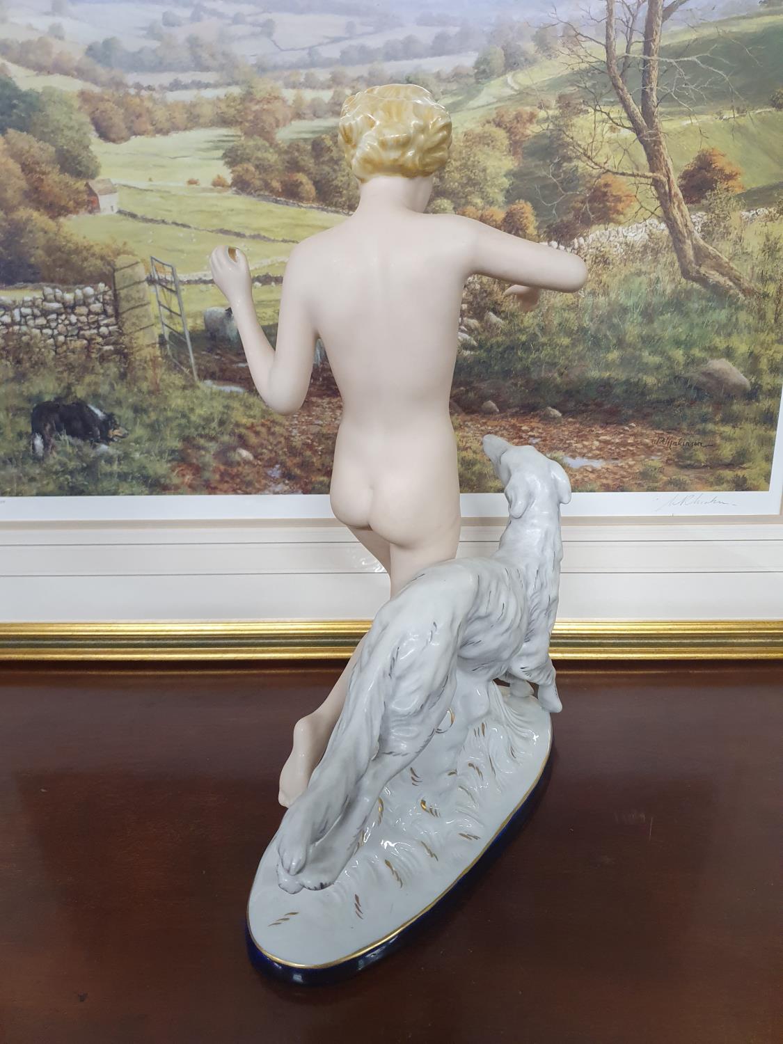 A large Royal Dux Art Deco-style tinted Bisque and glazed Figure of Female nude throwing a ball - Image 2 of 3