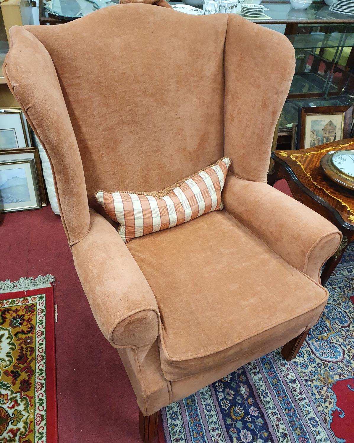 A pair of Georgian style Wingback Armchairs, upholstered in salmon pink fabric. W 84 cm approx.