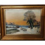 An Oil on Canvas of Sheep in winter by W Harris, a 19th Century Alpine Watercolour along with