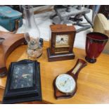 A 19th Century Bracket Clock, an Oil Lamp,Vase and Barometer.