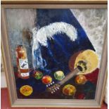 An Oil on Board still life abstract of fruit and a bottle.