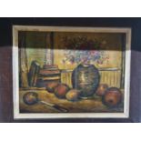 An Oil On Board Still Life of figs and a pear along with other pictures.