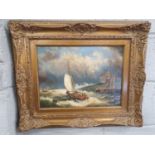 An Oil on Board, Boats in Choppy Seas, signed LR K. Patti. In a good gilt frame.