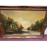 A very large Oil on Canvas of a river. Signed LL indistinctly. In a large gilt frame.