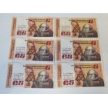 A group of six £5 Irish Notes mostly 1987.