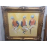 Mixed media on Canvas. 'Jockeys'. Framed size 80 cm x 69 cm approx.