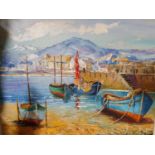 An Oil on Canvas of boats moored, an Oil of an Alsatian dog, another picture and a quantity of