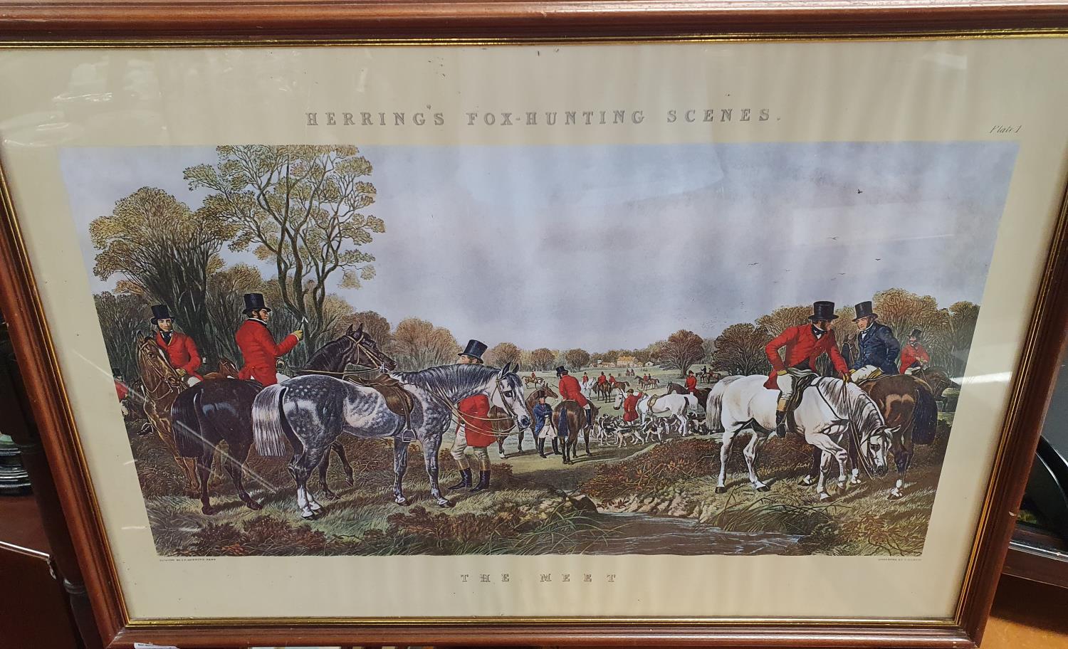 A set of four Herrings Fox Hunting Scenes along with other pictures. 73 x 52 cm approx.