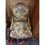 A good pair of 19th Century Walnut Bedroom Armchairs with floral tapestry style upholstery. H 36 cms