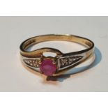 9ct gold ruby and diamond dress ring, hallmarks for Birmingham, ring size L1/2, 1.2gms.