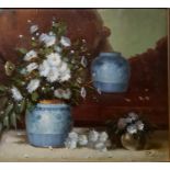 P. Sebaun Oil on Canvas Still Life of flowers in a Vase. 51(H) x 62(W) cms approx.