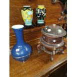 A quantity of Oriental Vases along with a timber sewing box of some age.