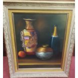 Oil on Canvas still life with a Japanese vase. by J Molenao. 48 x 38 cm approx. Signed LR.