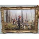 A large Oil On Canvas of a hunting scene. Signed. In a good gilt frame. 77 x 52 cm approx.