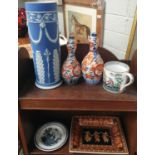 A near pair of Oriental Bud Vases,an Oriental Cup along with a Wedgewood Jasper Ware Vase and two