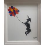 Kavnksy 'Boys with Balloons' Acrylic On Board. Framed size 45 cm x 40 cm approx.