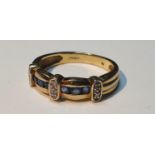 9ct gold sapphire and diamond band ring, hallmarks for London, ring size M, 2.6gms.