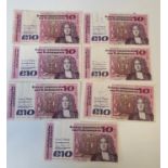A group of seven £10 Irish Notes from the 1980's.