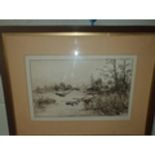 A signed Black and White Engraving of Ducks in flight by Edward Slocombe. Signed in margin and dated