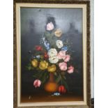 A large Oil on Canvas of Flowers. Signed Rossini LR. 93 x 63 cm approx.