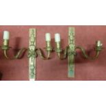 A pair of Brass wall mounted twin branch Wall Lights. W 31 x 39 cm approx.