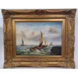An Oil on Board of boats in choppy seas signed S Murray in gilt frame. 29 x 39 cms approx.