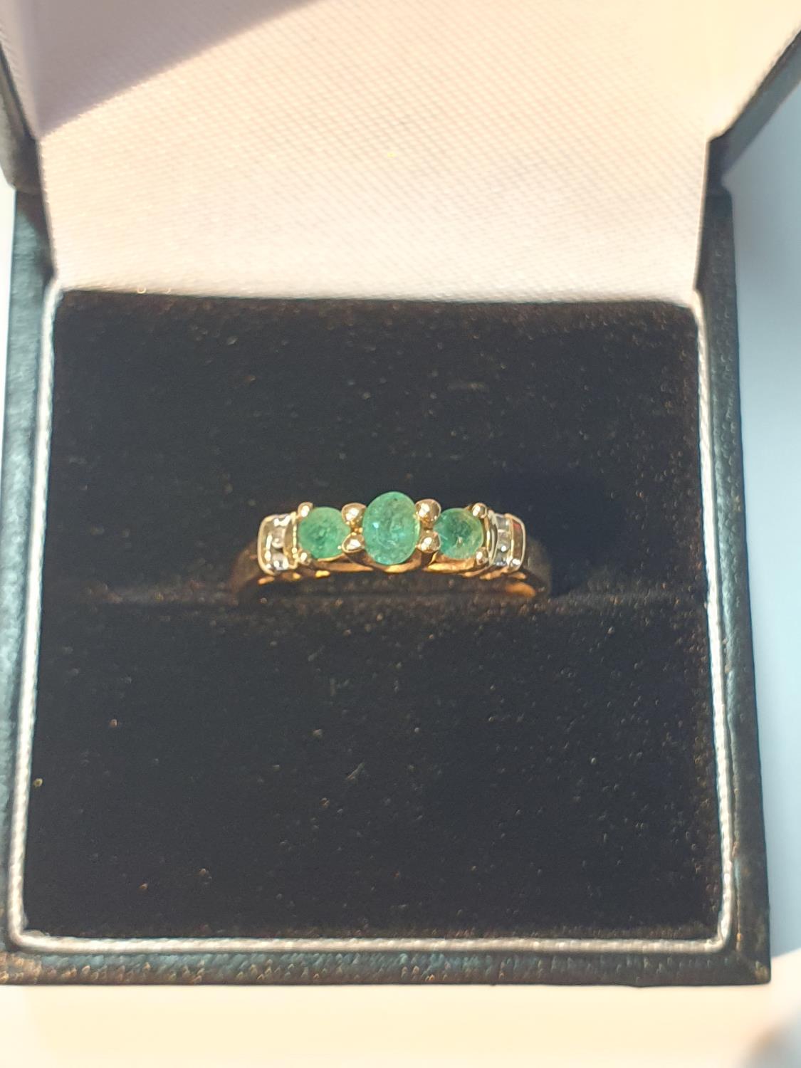 Emerald and diamond band ring, stamped 18K, ring size M, 1.5gms. - Image 2 of 2