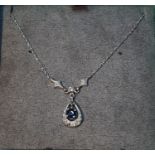 A sapphire and single-cut diamond necklace. Stamped 14K.Length 38.5cms. 3.1gms.