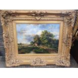 C. Tyrrell Oil on Board of a cart and people on a country road with cattle in a field, signed LR.