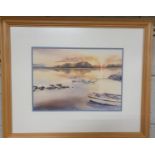 A lovely calming Coloured Print of a sunset on a lake along with Moorland heather, a signed coloured