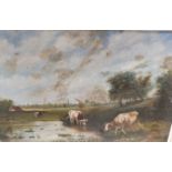 In the manner of Thomas Sydney Cooper, a 19th Century Oil on Canvas of cattle at a pond. 50 x 76