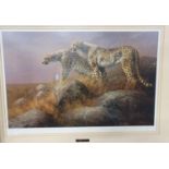 A Signed limited edition print 'The Sentinels' after D V Heerde of two Leopards. Framed and