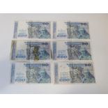 A group of six £20 Irish Notes.
