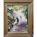 A 20th Century Oil on Panel of an old Woman at a flower shop. Signed LL Stratton. 32 x 42 cm approx.