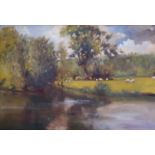 An Oil on Board of sheep beside the Thames by Elizabeth Parsons. Signed LL. 39 x 59cm approx.