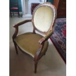 A good Showframe Armchair with olive green upholstery. H100 x D 45 x W60cm approx.