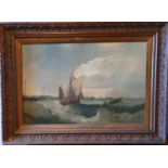 An Oil on Canvas of Boats in choppy seas. Signed William Bryant LL. With plaque centre. 51 x W76cm