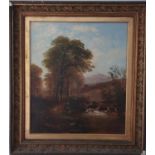 A 19th Century Oil on Canvas of a River scene with path beside in original gilt frame. 72 x W61cm