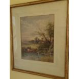 A late 19th Century Watercolour of Cattle with a farmyard in the background. Signed Jean Rowden