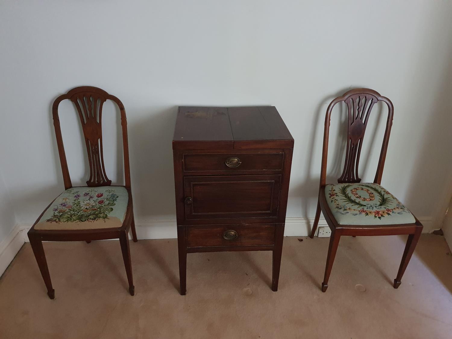 A lovely pair of Edwardian Mahogany Inlaid chairs with tapestry seats. L96 x D42 x W43cm approx.