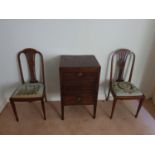 A lovely pair of Edwardian Mahogany Inlaid chairs with tapestry seats. L96 x D42 x W43cm approx.