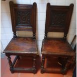 A really good pair of 19th Century Oak Hall Chair with highly carved backs and solid seats. H92 x