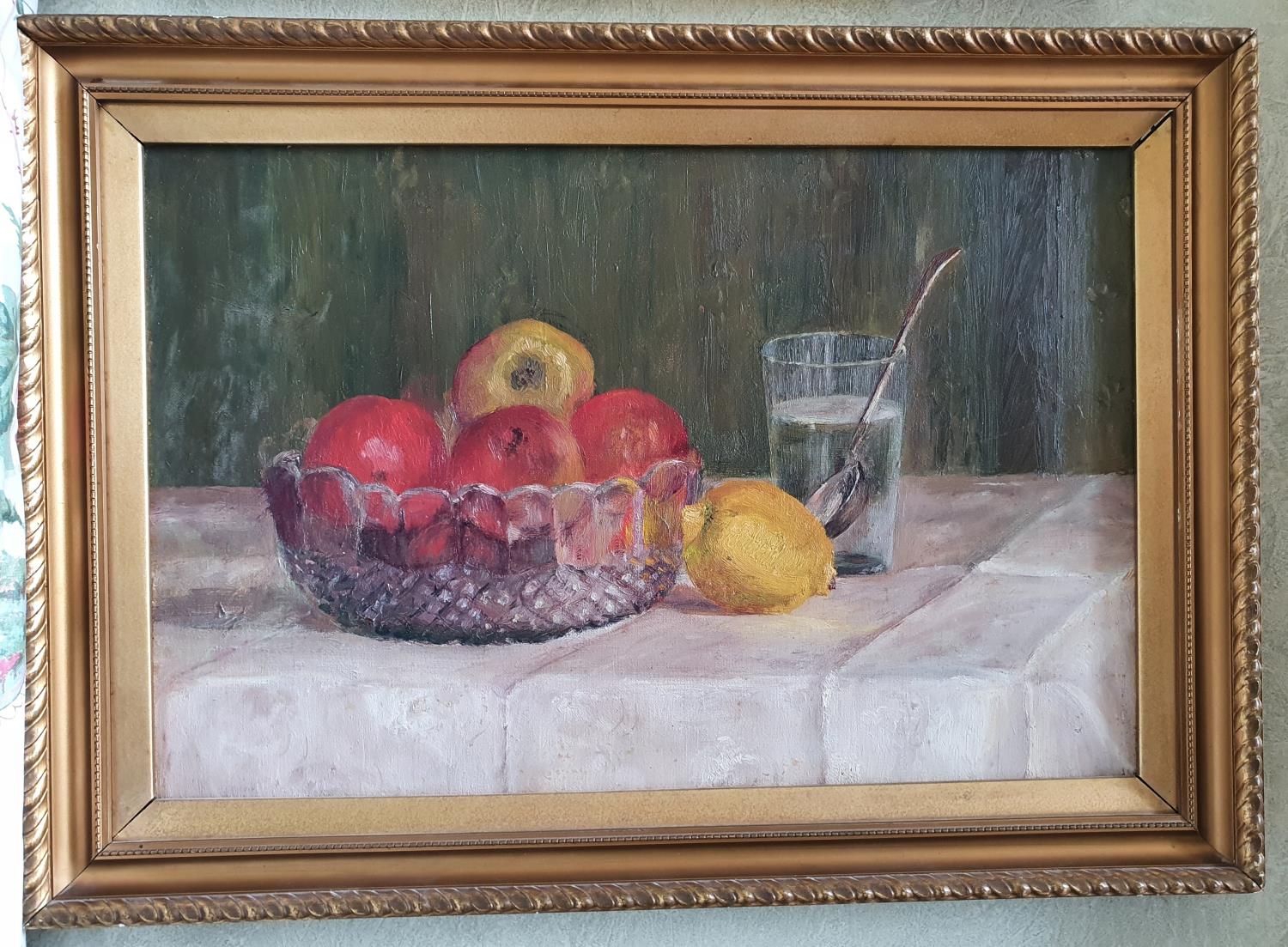 Post Impressionist School. Early 20th Century. An Oil on Canvas still life with apples in a glass