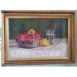 Post Impressionist School. Early 20th Century. An Oil on Canvas still life with apples in a glass
