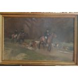 An early 20th Century Oil on Board after Sir Alfred Mannings of a Hunting scene with figures