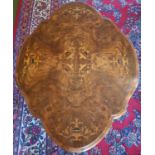 A lovely 19th Century Walnut Inlaid Side Table with shaped top on a carved quadrafoil pod base. 97 x