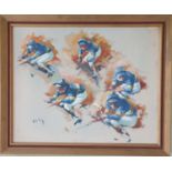An Oil on Board by Peter Curling b 1955 'Collage of Jockeys up ( Pat Eddery)'. Signed LR. 40 x
