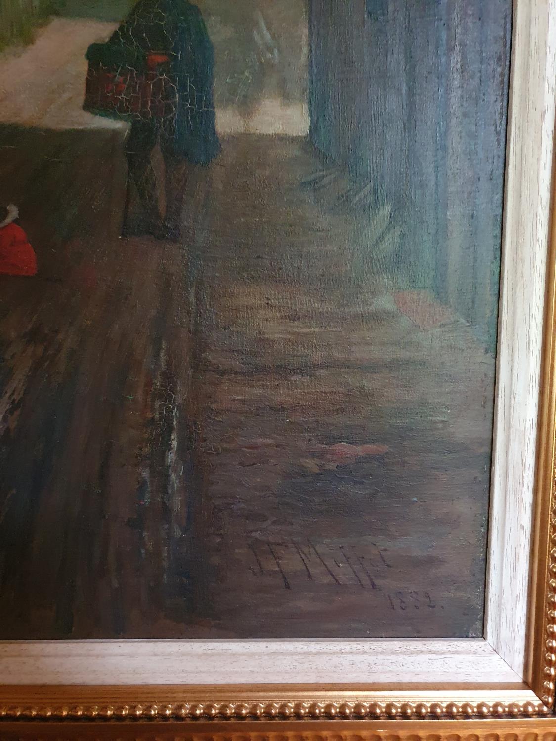 J F Moffatt. A 19th Century Oil on Canvas of a street scene. Signed and dated LL 1883. 91 x W62cm - Image 3 of 4