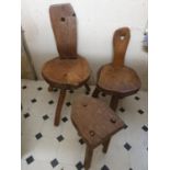 Three 19th Century carved Timber Milking Stools. Largest H76 x D46 x W37cm approx.