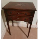 A Mahogany twin drawer Side Table with painted decoration on square tapered supports. H71 x D32 x